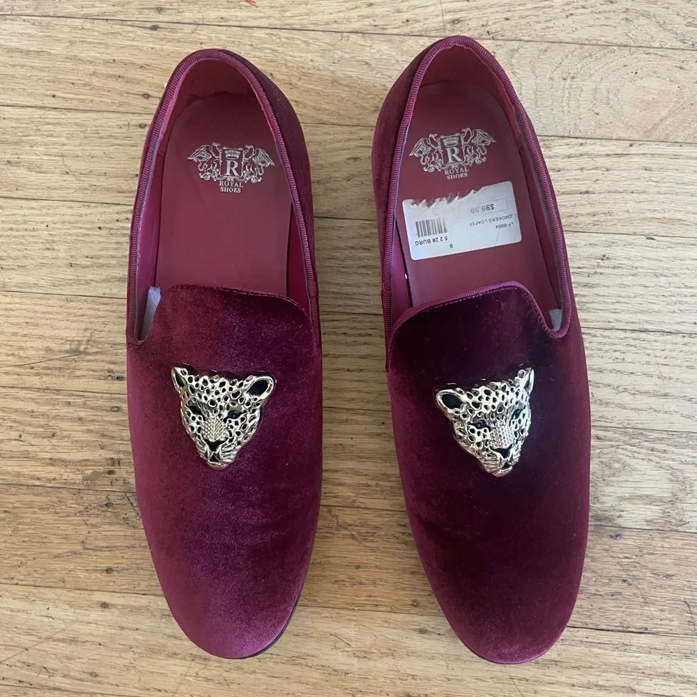 Burgundy Velvet Loafers with Leopard Accent